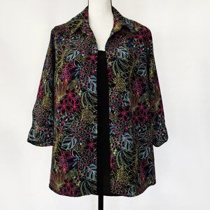 Vintage Notations Neon Floral Layered 3/4 Sleeve Button Down Shirt